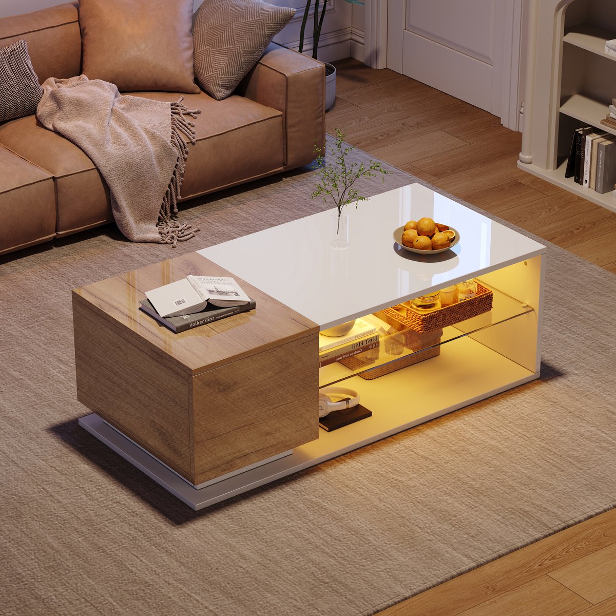 COVREO Salontafel 105x50x36 cm – wit en houtkleur, hoogglans, LED-verlichting en opbergruimte