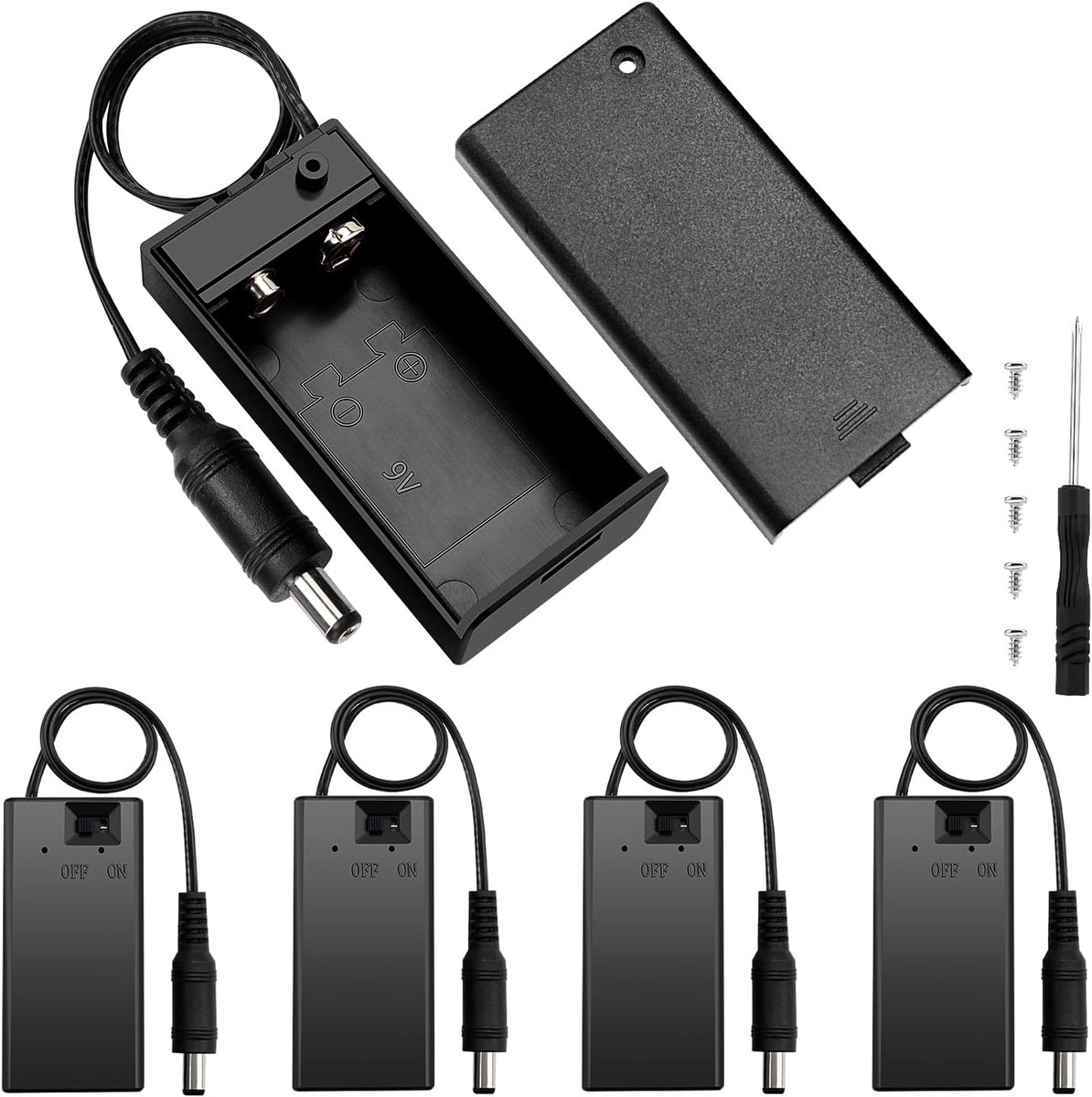 SnelShoppen - 5 Stuks 9V Batterijhouder met Deksel, On/Off Schakelaar en DC 5.5x2.1mm Stekkers voor CCTV, Motor, Solenoïde, LED Strip, Inclusief Schro