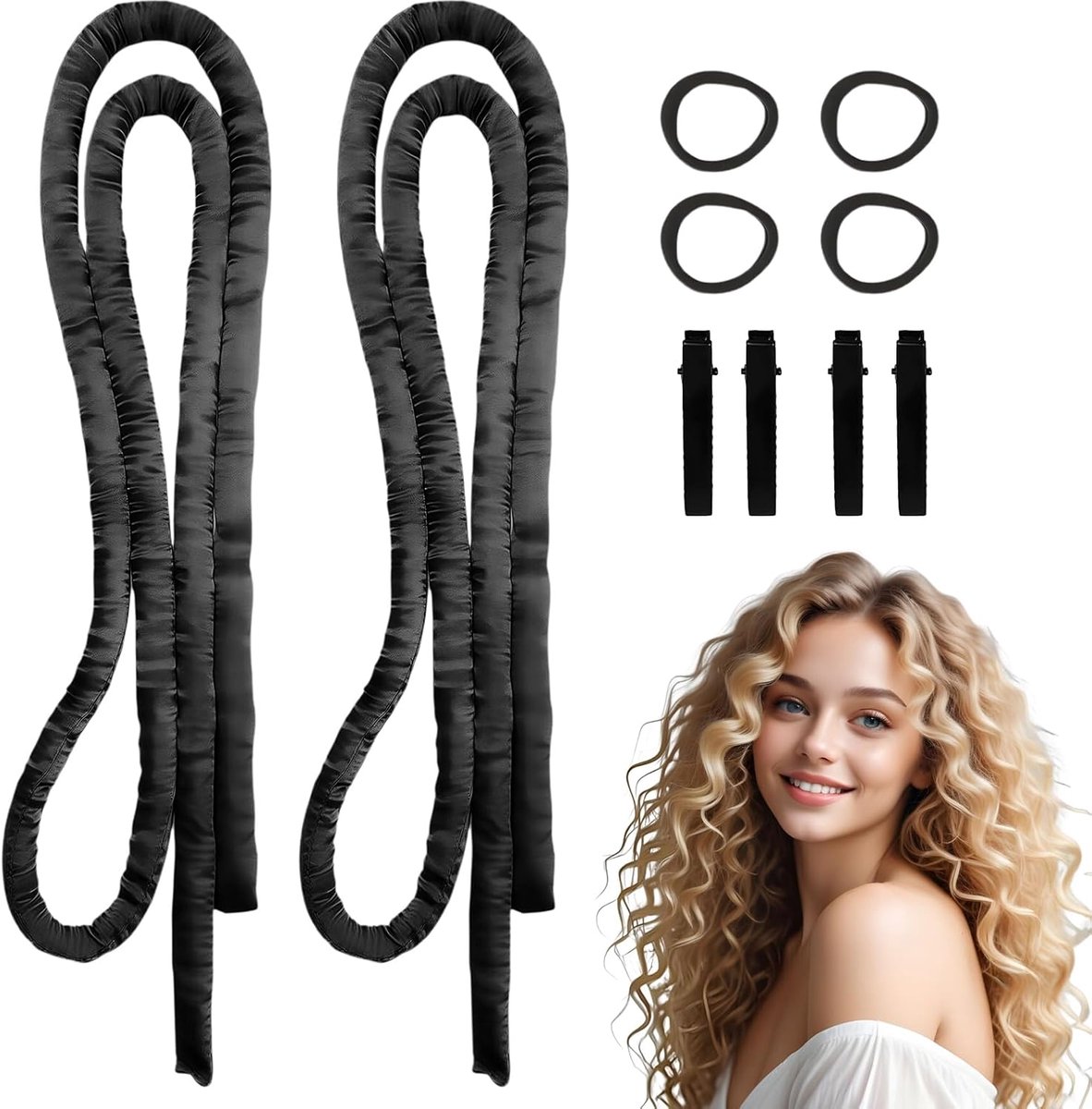 SnelShoppen - 2 Stuks Heatless Curls Set, Geen Hitte, Makkelijk in Gebruik, Geschikt voor Alle Haartypes, Inclusief 4 Haarbanden en 4 Haarclips (Zwart