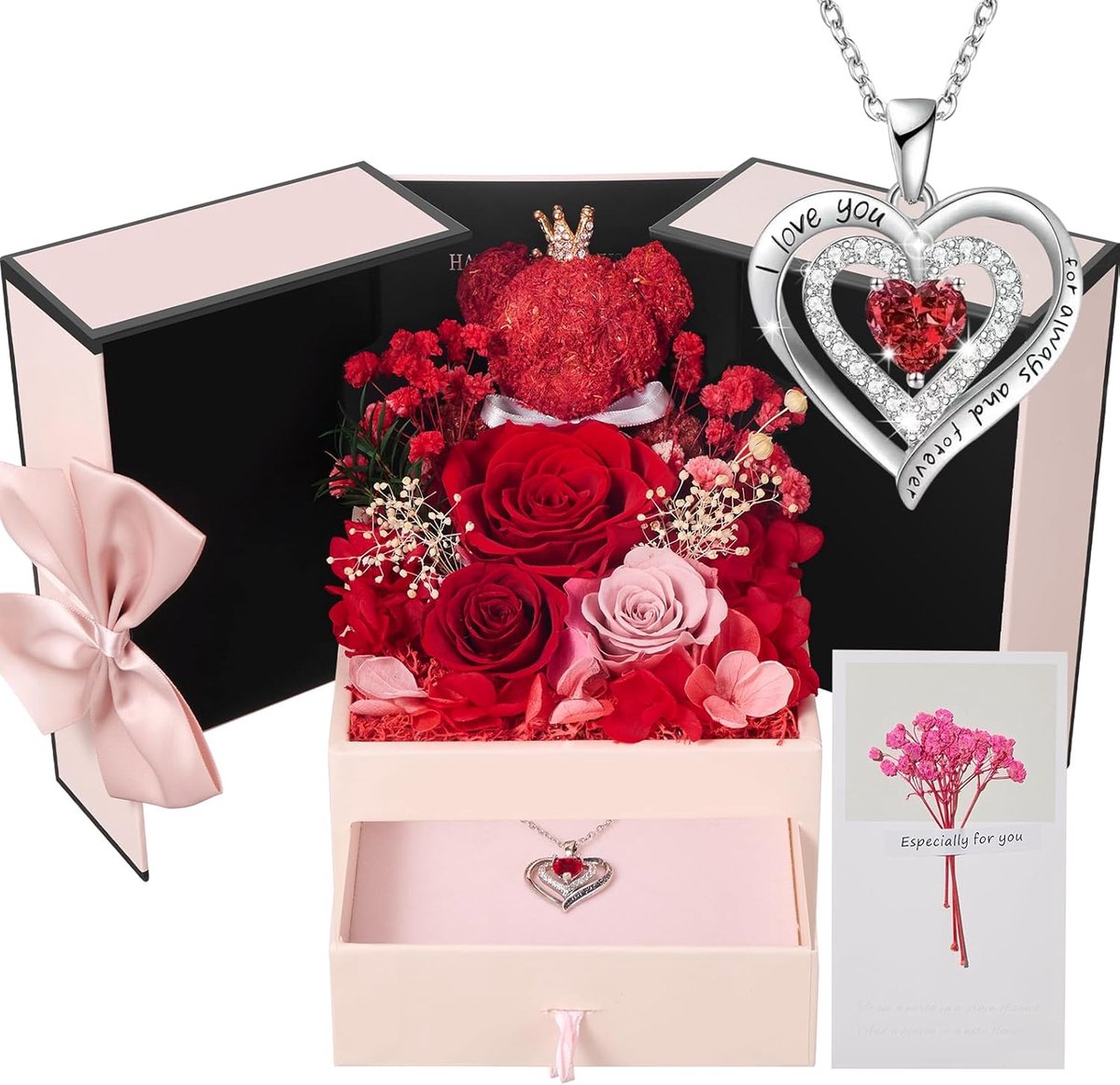 SnelShoppen - Preserved Rozen Set met Hartvorm, Echte Rozen voor Vrouwen, Geschenkset met Love Ketting voor Moeder, Vrouw, Vriendin op Verjaardag, Val