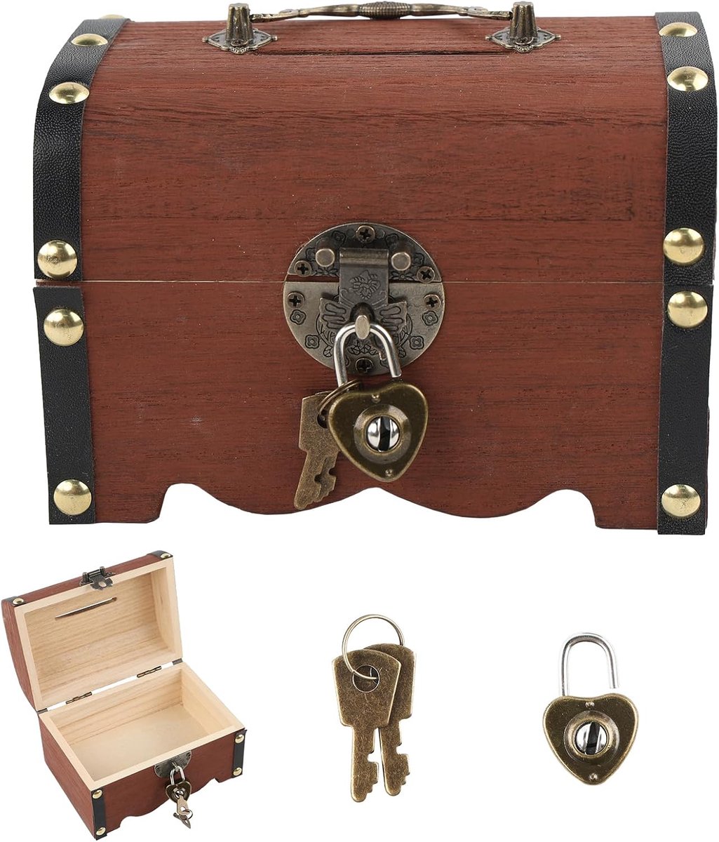 SnelShoppen - Vintage Houten Schatkist 14.5 x 10 x 9.5 cm - Decoratieve Opslagdoos voor Kinderen - Verjaardagscadeau - Milieu-vriendelijk en Duurzaam