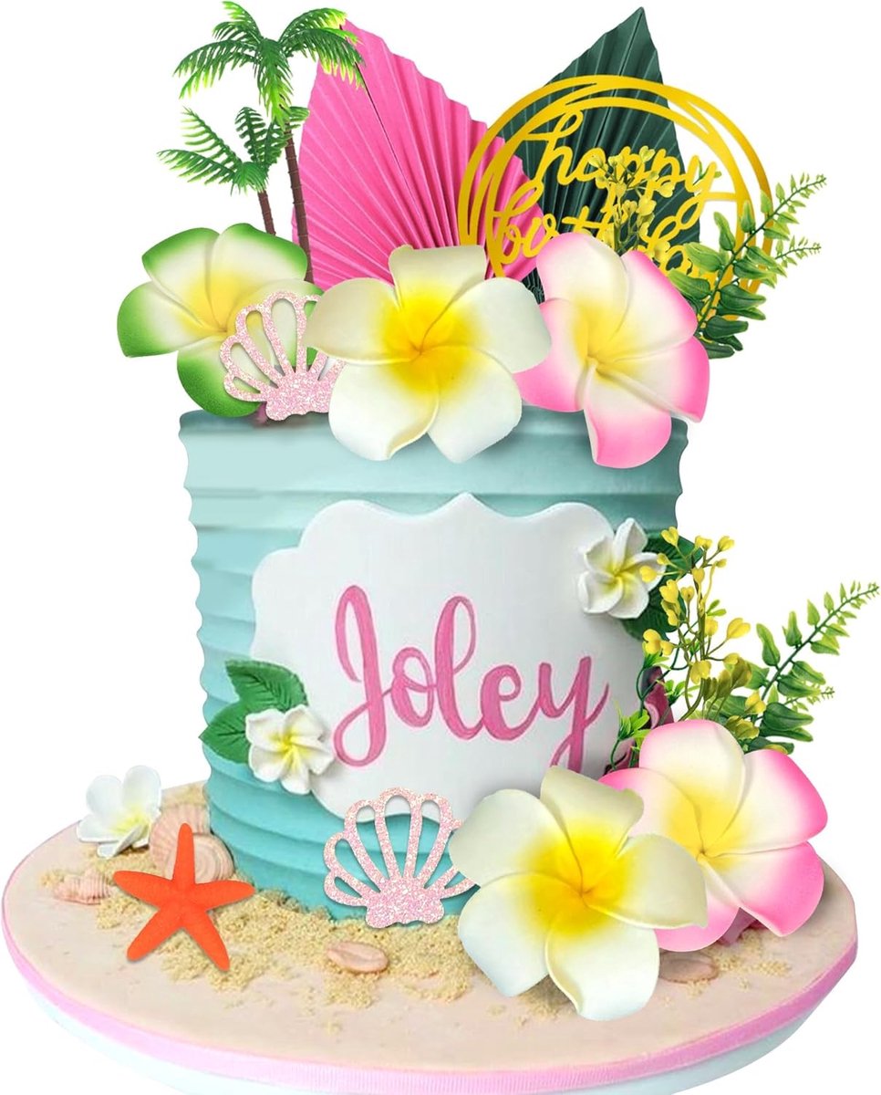 SnelShoppen - Hawaiian Cake Decorations Set - 18 Stuks - Tropische Taartdecoraties - Groene en Roze Bloemen - Verjaardag - Jungle Thema - Kunststof