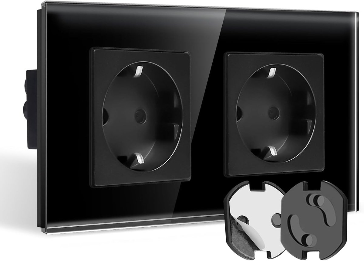 SnelShoppen - Double Schuko Socket Zwart Glas met Draaimechanisme, Aardcontact, Kindveilig, 157x86mm, EU Standaard 16A 250V, Voor Thuis, Keuken en Kan