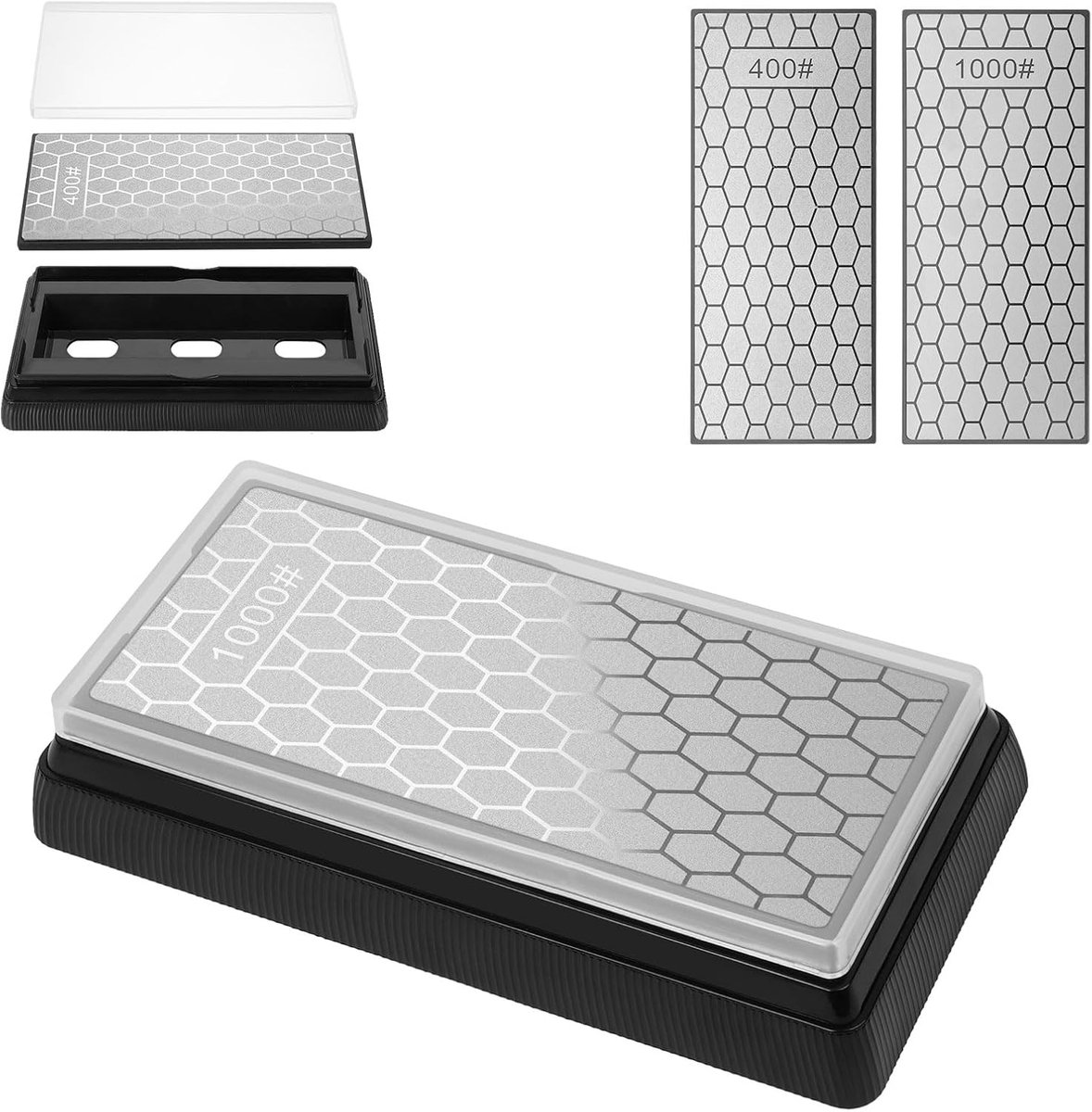 SnelShoppen - Professionele Dubbelzijdige Diamant Slijpsteen 400/1000 Grit - Hoogwaardige Whetstone met Antislip Basis voor Keuken- en Tuinmessen