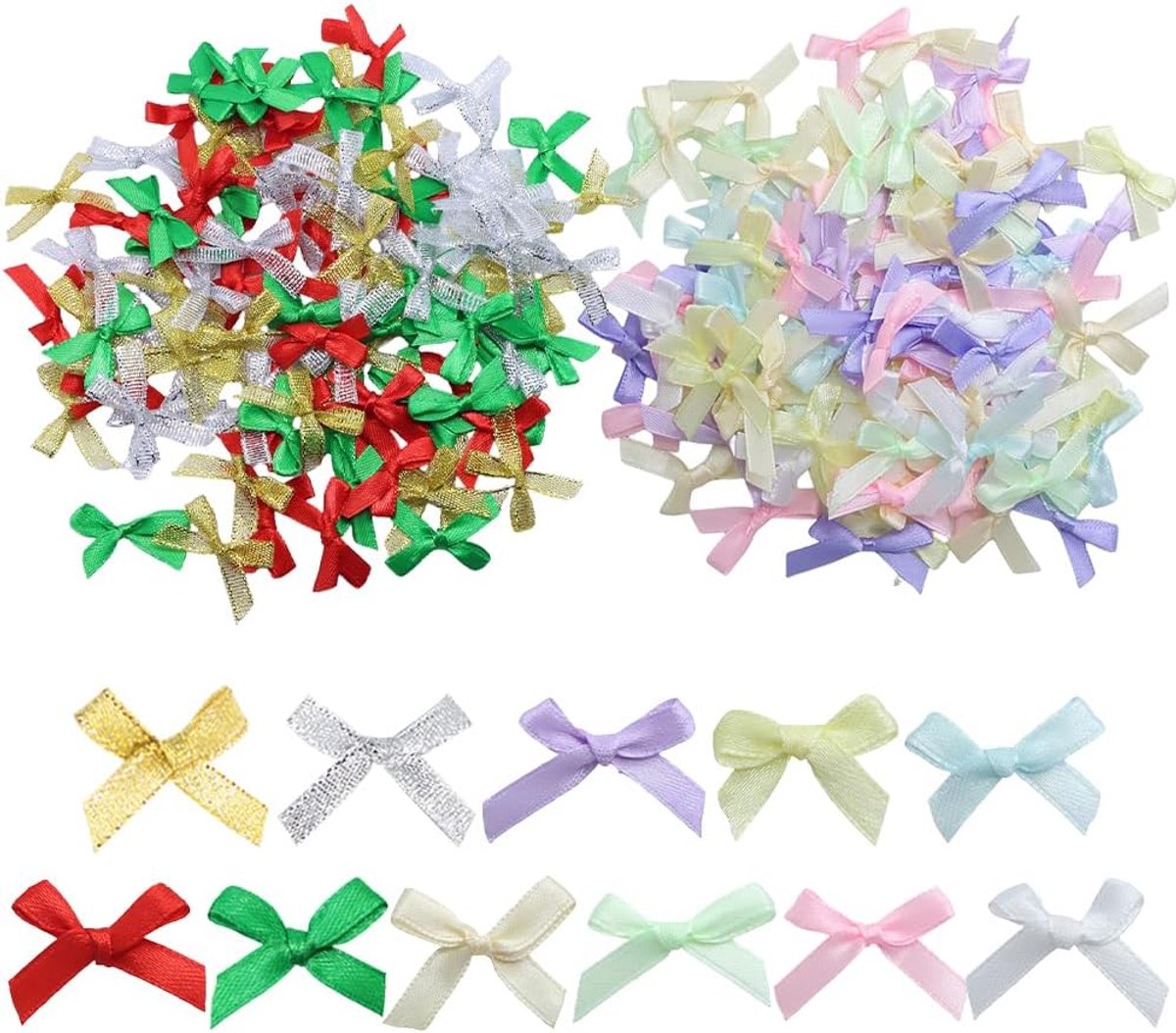 SnelShoppen - 200 Stuks Mini Kerststrikken Voor Geschenkverpakking - Premade Satin Ribbons in Multicolor - 2.5x3 cm Decoraties voor DIY Projecten en K