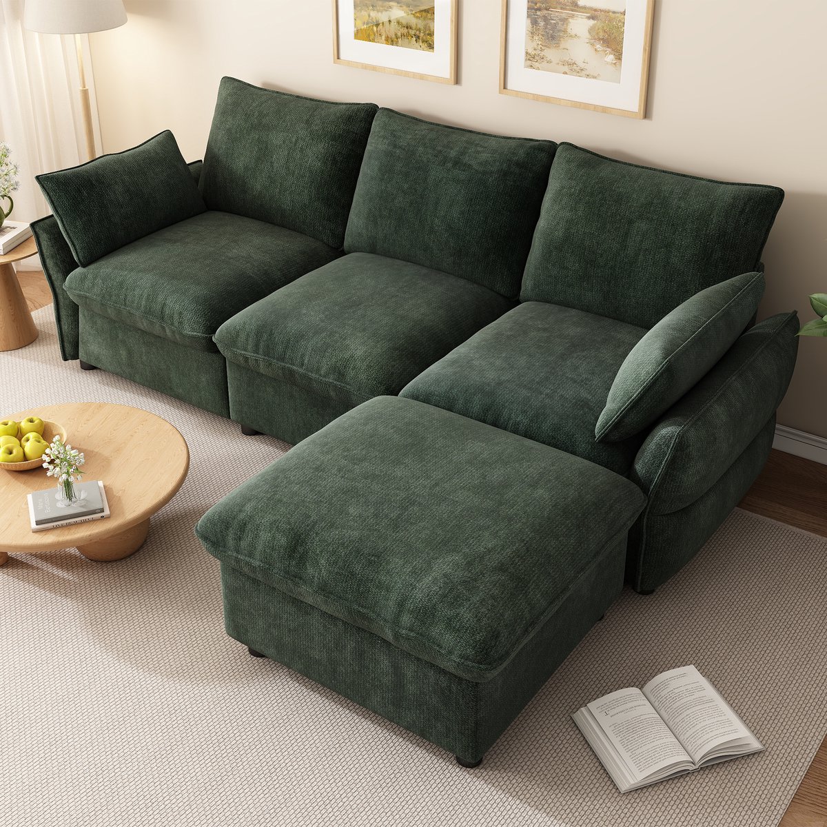 L-Bank, Moderne Hoekbank Met Hocker (Inclusief 1 Kruk), 3-Zits Bank Van Chenille, Geschikt Voor Woonkamer, Appartement En Eenpersoonshuishouden, Donkergroen, 222,5 X 154,5 X 76,5 cm-Groente