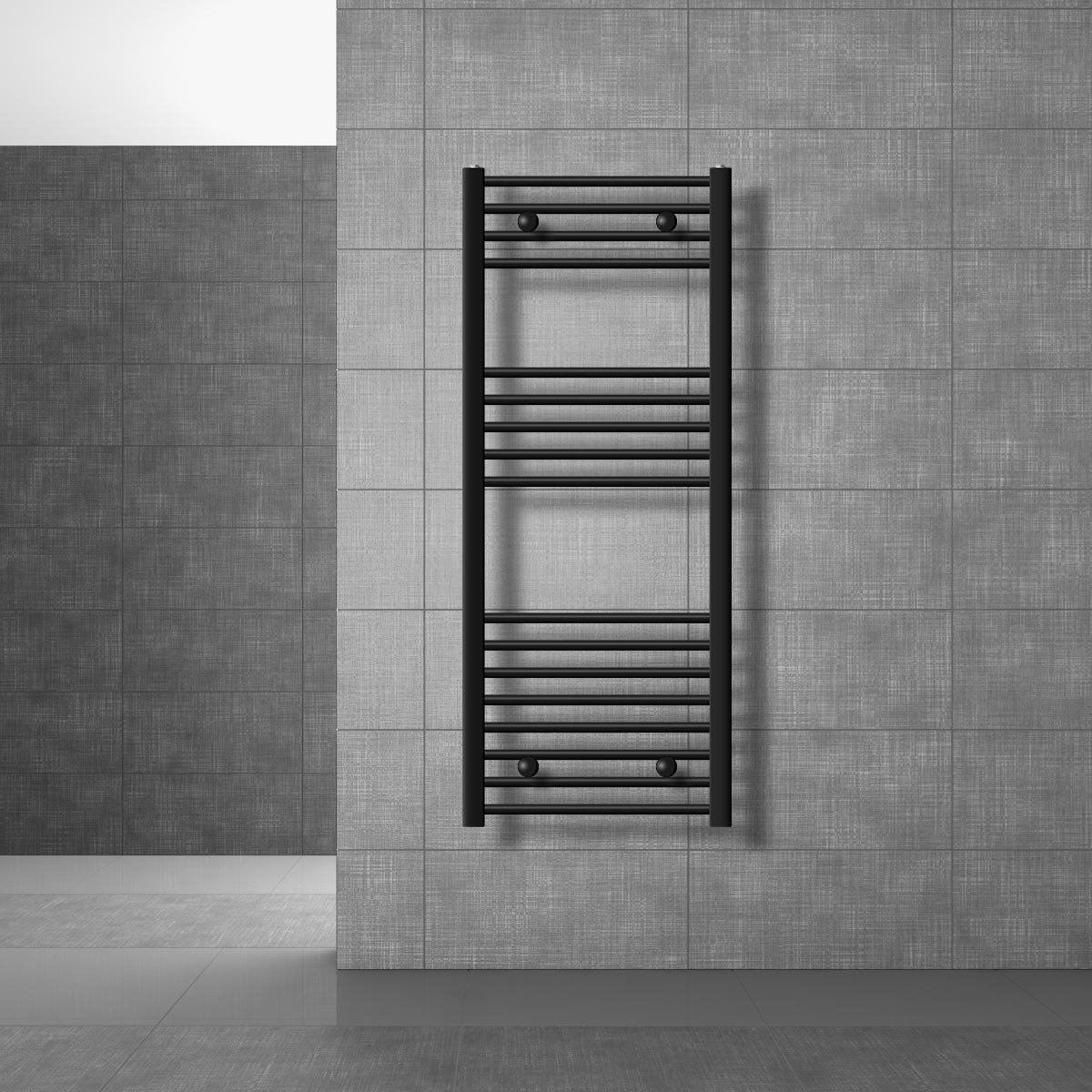 Elektrische badkamerradiator met verwarmingselement 900W 500x1200 mm Zwart mat gebogen Zijaansluiting & thermostaat Digitaal display LuxeBath