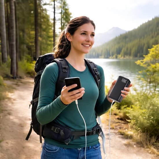 Vrouw met rugzak laadt haar telefoon op met een zwarte powerbank.