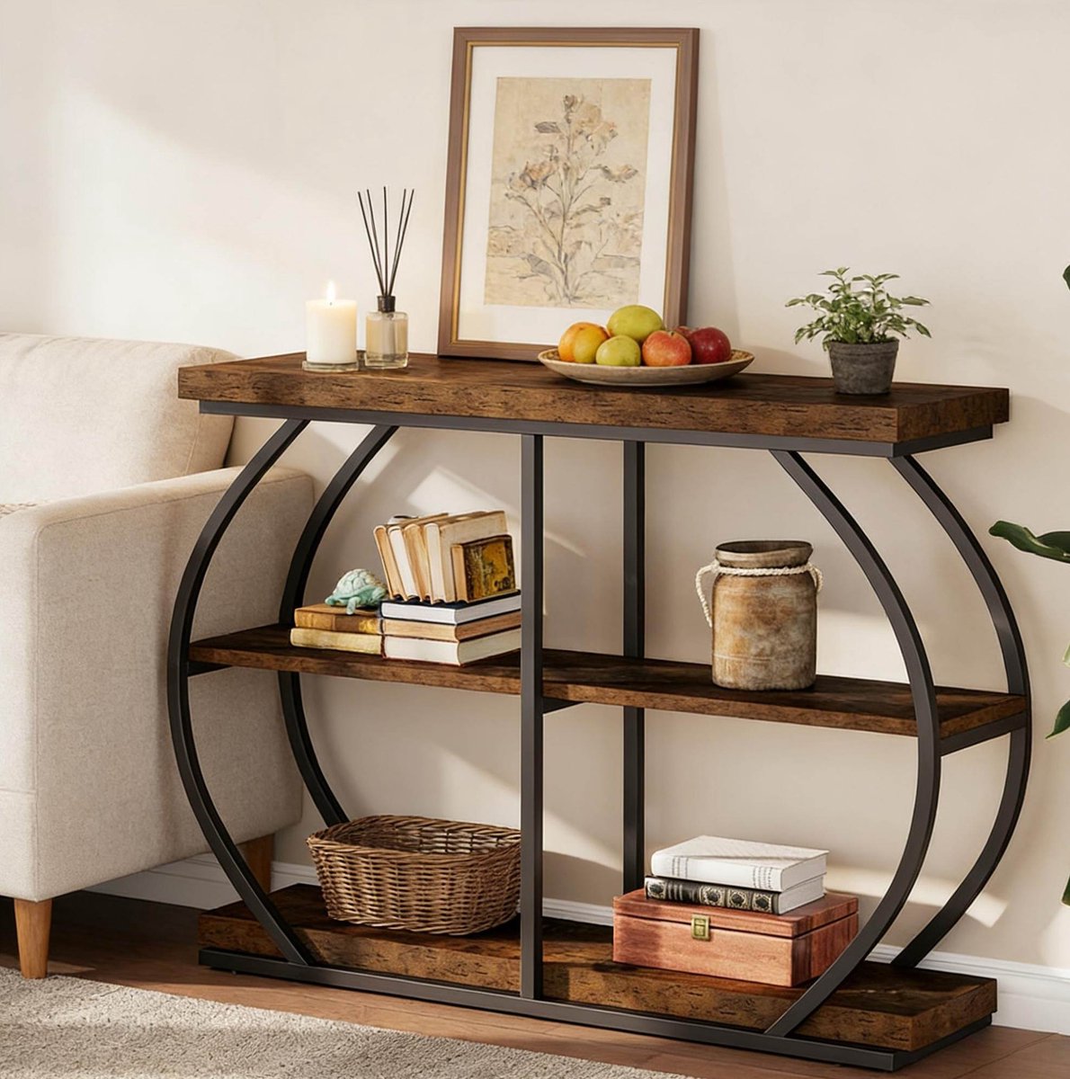 COVREO Sidetable 105x24x80 cm bruin, metaal en hout met 3 lagen opbergruimte