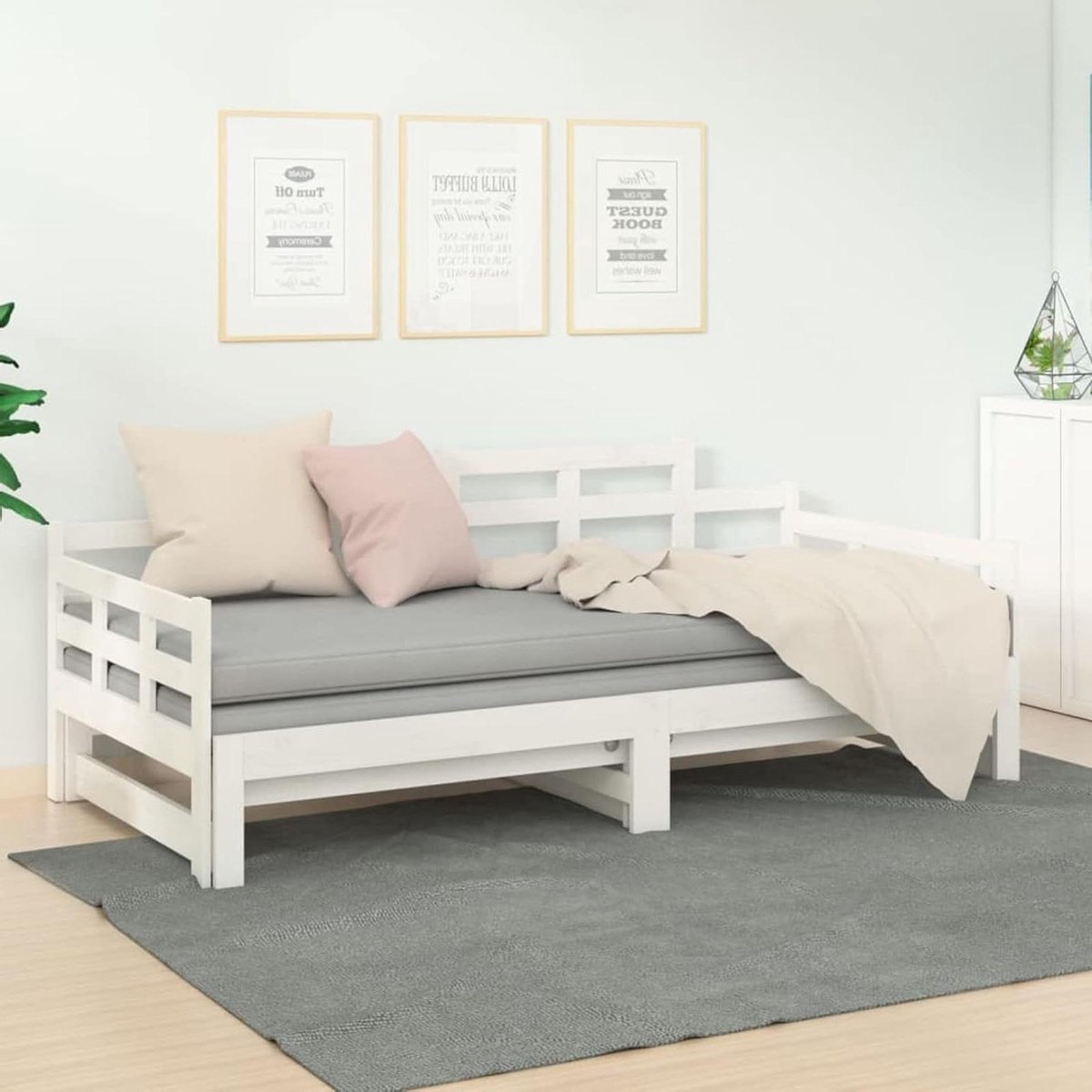 Slaapbank Grenenhout - Uittrekbank Bank - Extra Slaapplaats - Massief Hout - 2x 90x200 cm - Wit