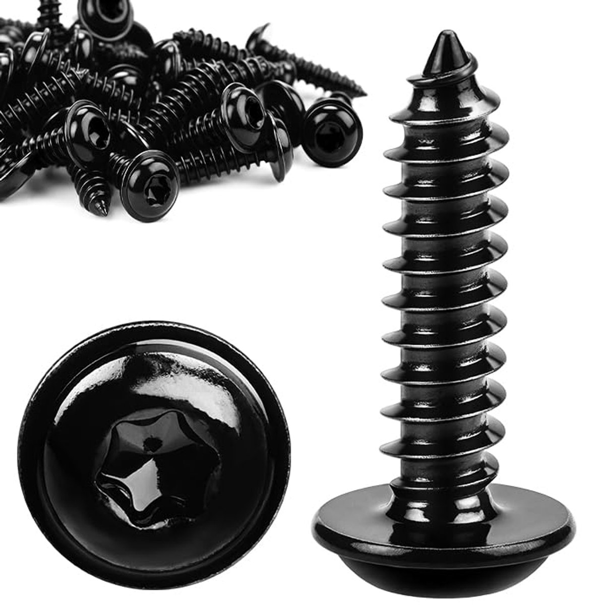 60 stuks schroeven, zwart, M5 x 30 mm, houtschroeven, plaatschroeven, zwart gegalvaniseerd, lenskopschroeven, platte kop, zelftappend met schijf voor akoestische panelen, 304 roestvrij staal, TORX