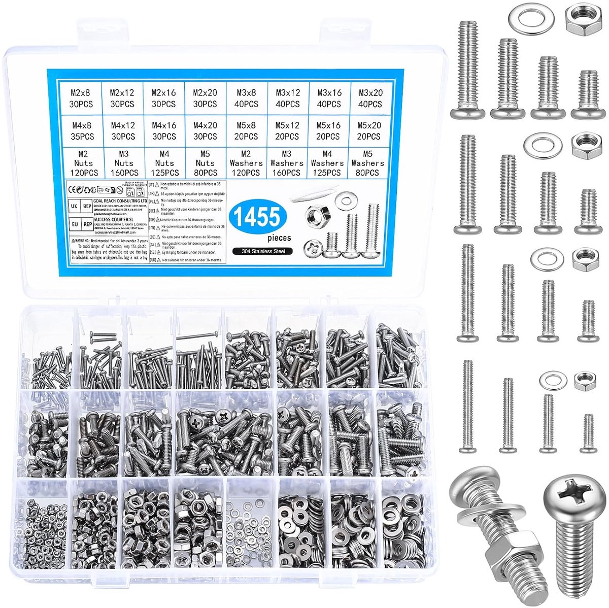 1445 stuks M2, M3, M4, M5 schroevenset, Philips ronde kopschroeven, moerset, roestvrij staal, lenskopschroeven met moeren, kruiskop, machineschroeven, assortiment met sluitringen