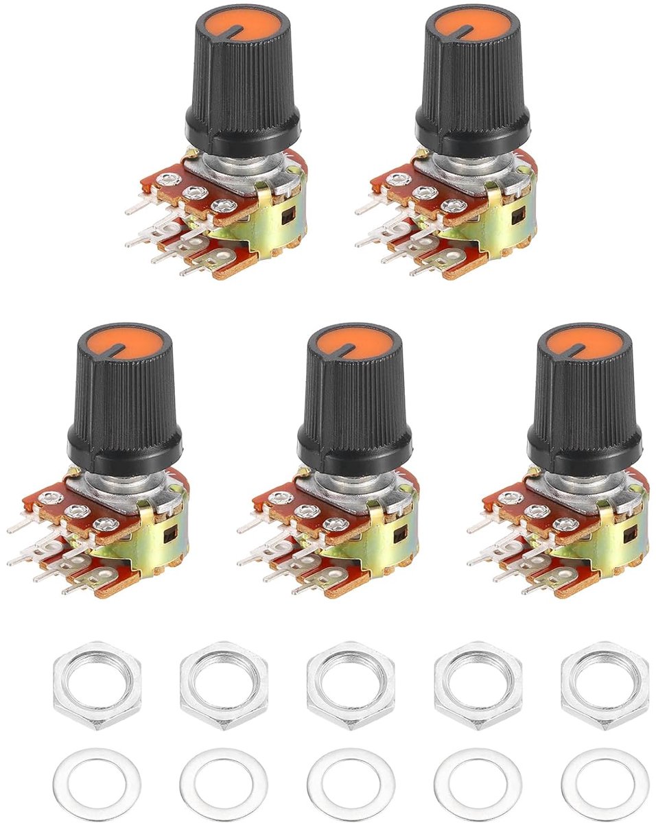 Potentiometerset, 6-polige as deelbaar, strenge, dubbele coniek, draaitoetiometer, audio met draaiknop, moer, sluitring voor volumeregeling, audio
