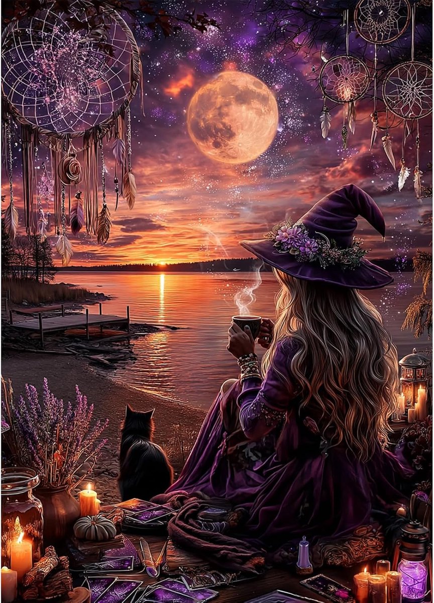 Halloween Diamond Painting complete set, 5D heks diamant schilderij doe-het-zelf zwarte kat diamond painting kunst volwassenen strass borduurwerk kruissteek voor woondecoratie cadeau 30 x 40 cm