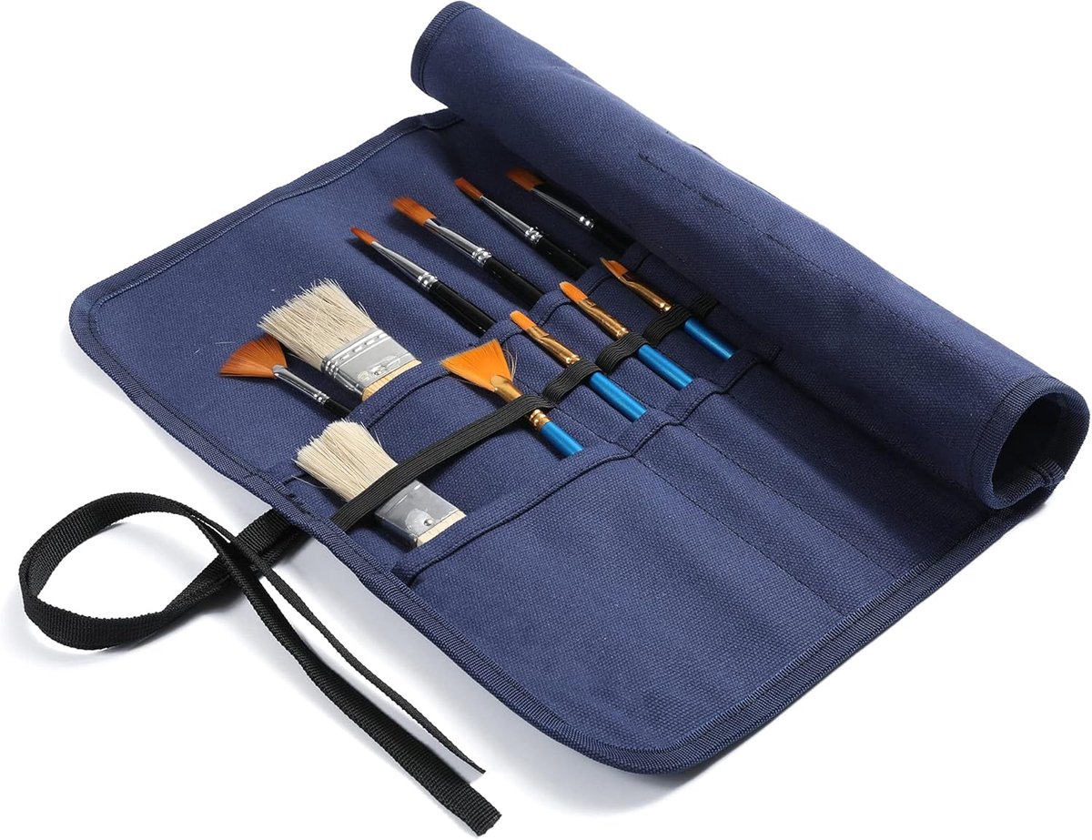 22 sleuven penseelzak, stiftrol voor gouachpen, aquarelstift, acrylstift, 16 oz gewaxt canvas penseeltas schilderij - blauw