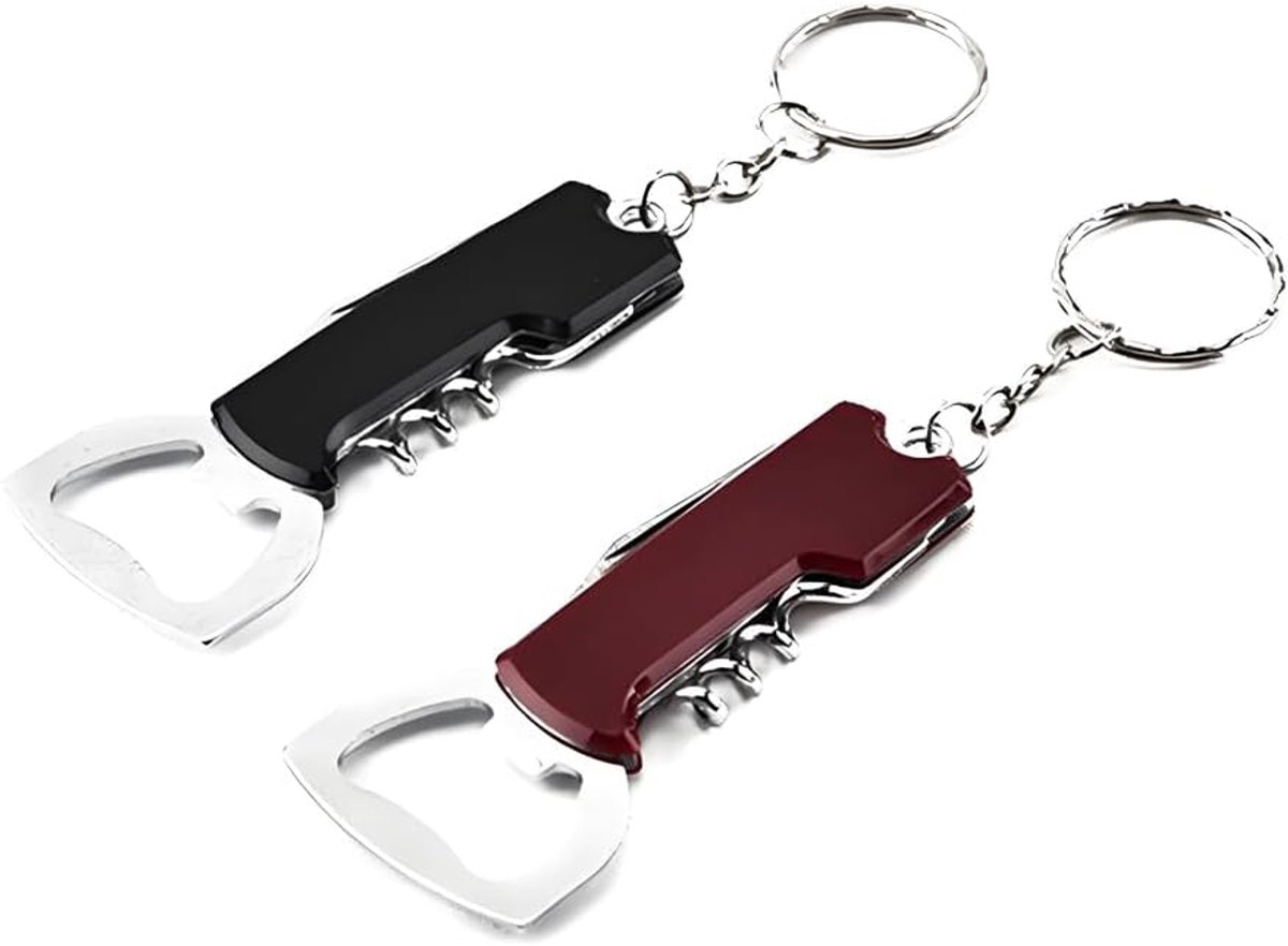 2 stuks flesopener & kurkentrekker sleutelhanger set - multifunctionele bierwijn frisdrank drankopener gereedschap, compacte sleutelhanger cadeau (zwart en rood)