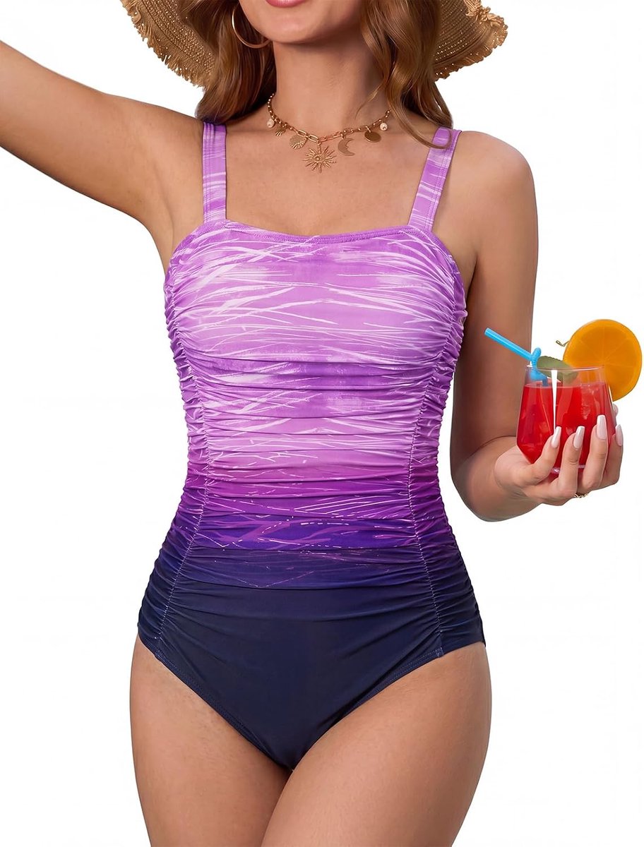 Badpak voor dames, buikweg-patroon, grote bovenwijdte, met cups, plooien, kleurverloop, curvy, push-up vorm, eendelige badmode