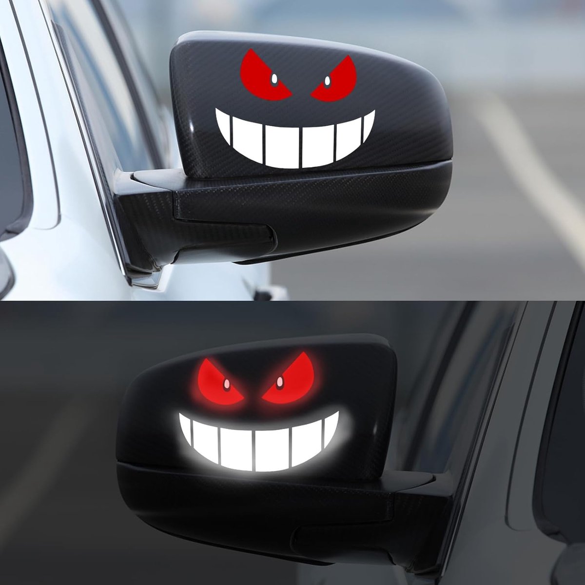 achteruitkijkspiegelstickers, 2 stuks grappige stickers voor auto autodecoratie stickers monster glimlachend gezicht autostickers voor auto decoratie (rood)