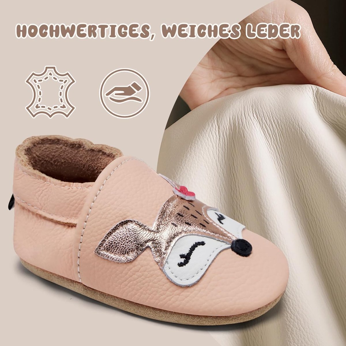 Kruipschoenen Baby Slofjes Eerste Babyschoentjes Jongens Meisjes Zacht Leer Zooltjes Babyslofjes(Blush Vos, 2-3 jaar)