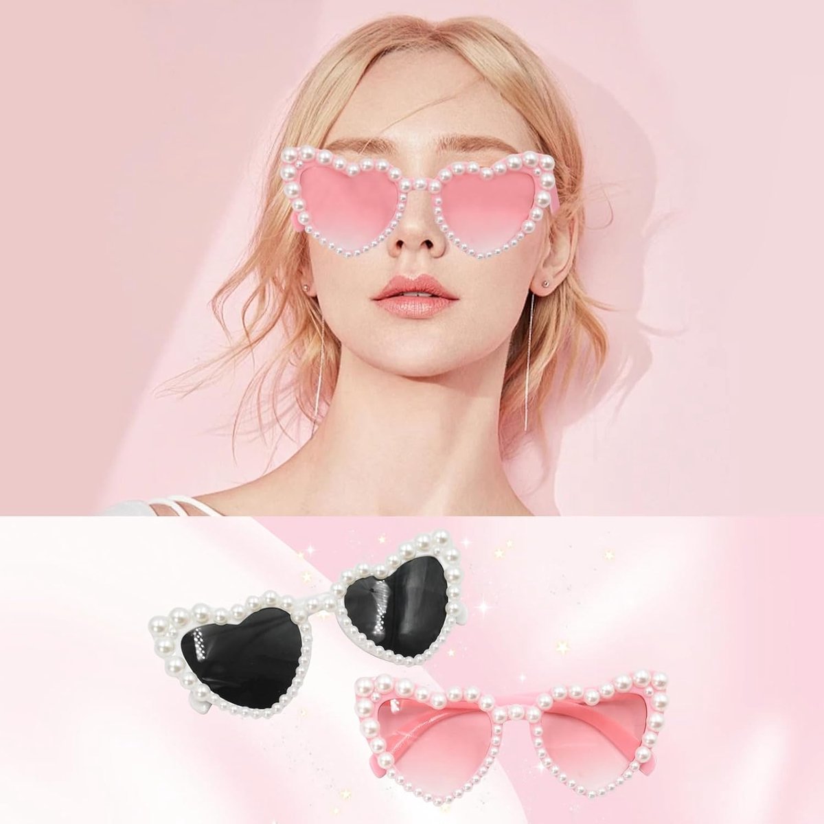 Zonnebril met hartvormig frame, bezet met parels, roze - roze tint. Cool accessoire voor zomer strand - feesten, disco, muziekfestivals, roze en magenta