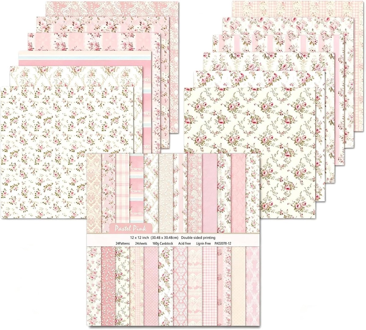 24 vellen scrap-papier, 30,5 x 30,5 cm, dubbelzijdig papier voor scrapbooking, 24 designs, decoratief papier van karton voor dagboek, knutselalbum (roze, 30,5 cm)