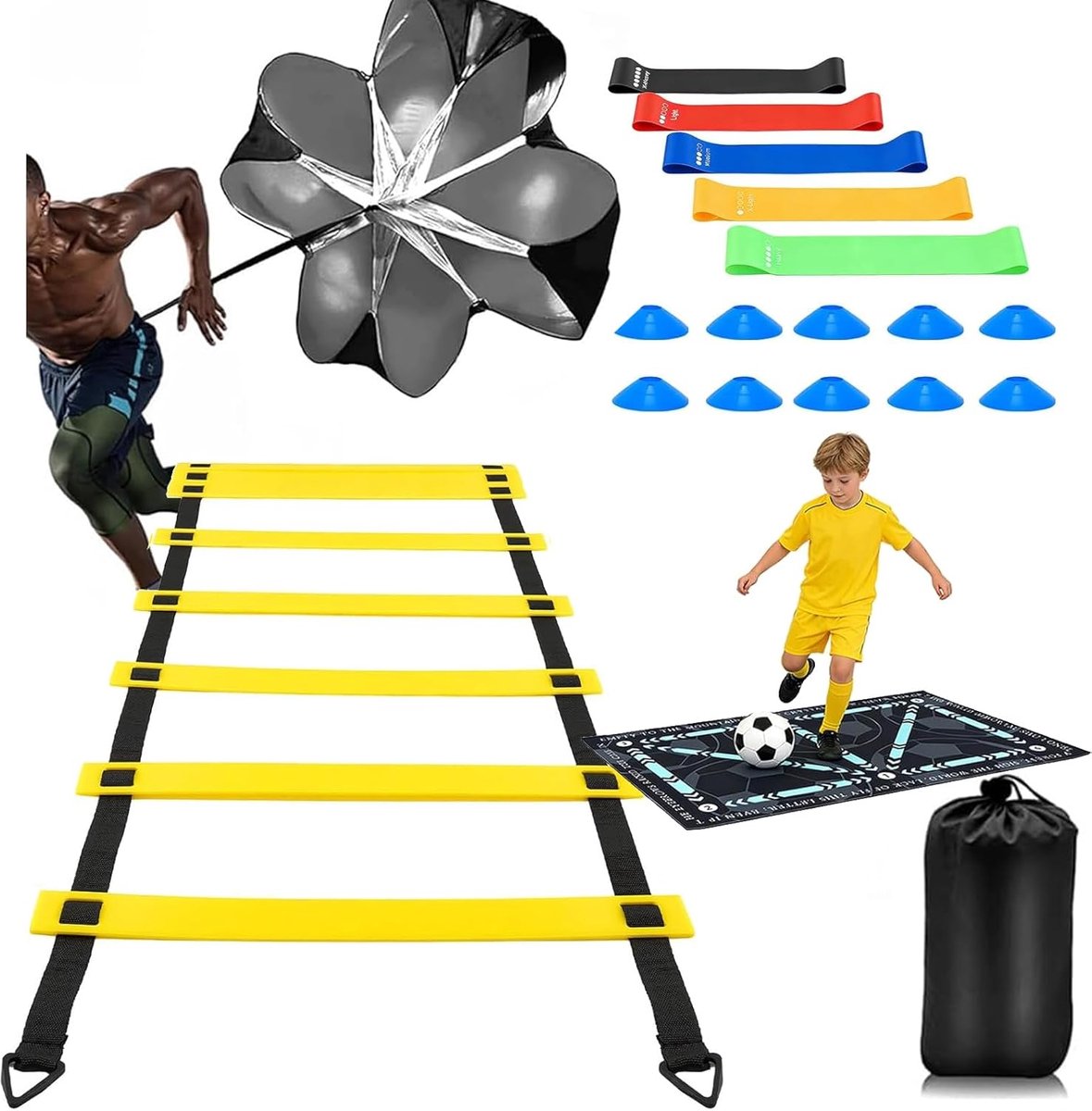 Voetbaltrainingsaccessoires met coördinatieladder, 6 m, antislip voetballmat, 10 hoedjes, weerstandsbanden, weerstandsscherm, voetbaltrainingsset complete trainingsaccessoires voor kinderen en