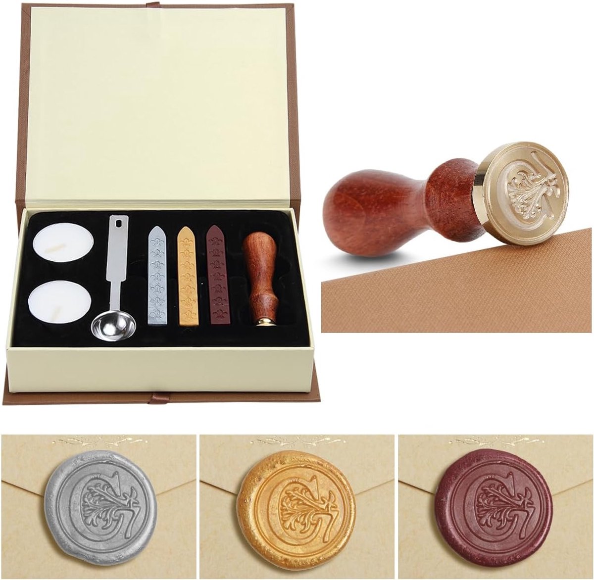Klassiek Oud-Modisch Antiek Wax Stempelzegel Kit Initiële Letters Alfabet Set Geschenkdoos met Vintage Houten Handvat en Koperen Kleur Hoofd (C)