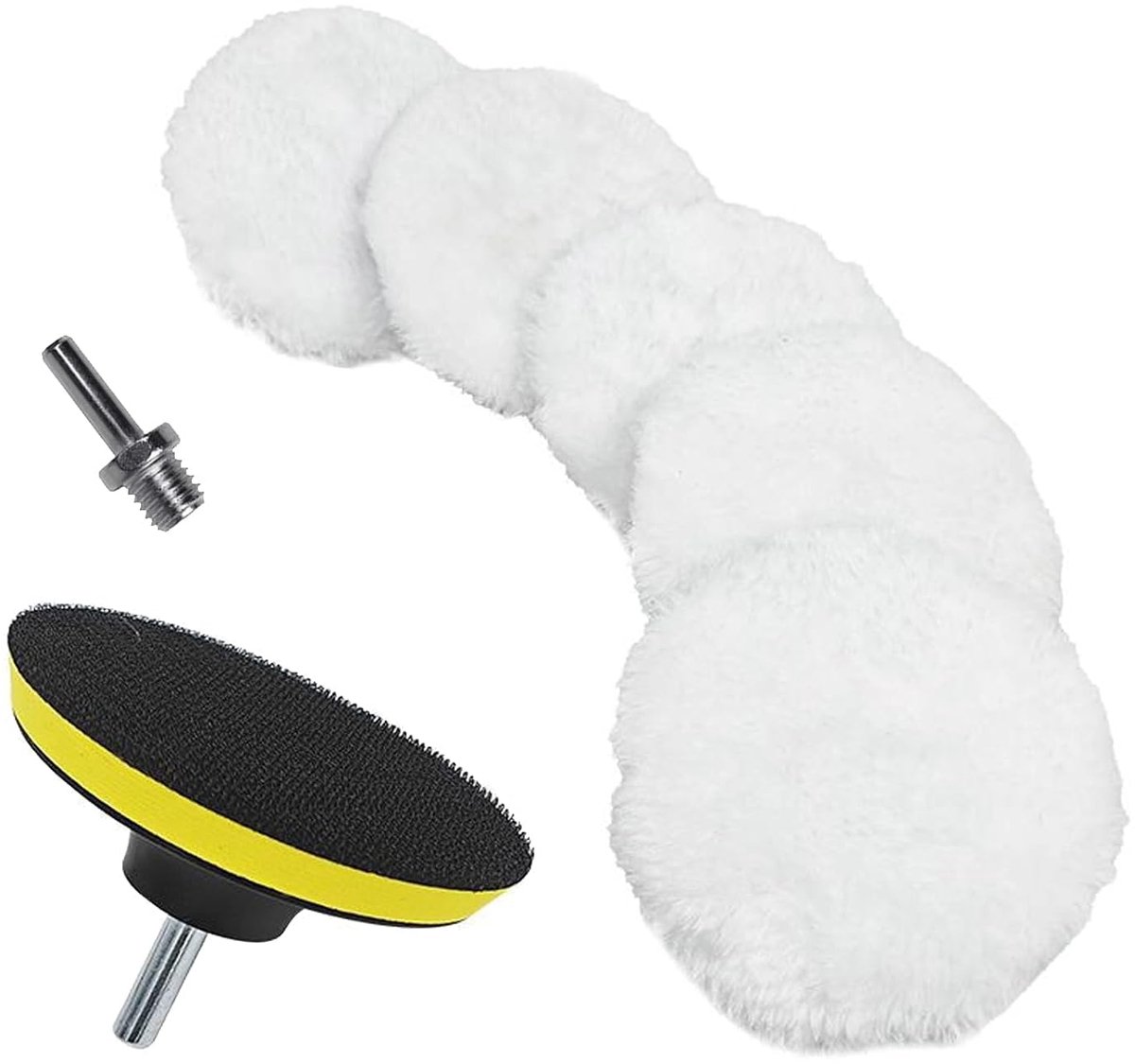7 stuks Ø 75 mm polijstpads lamsvel pad polijsten polijstschijf polijstset set met klittenband pad + M10 booradapter wol polijstkap lamswol polijstvacht voor auto polijstmachine