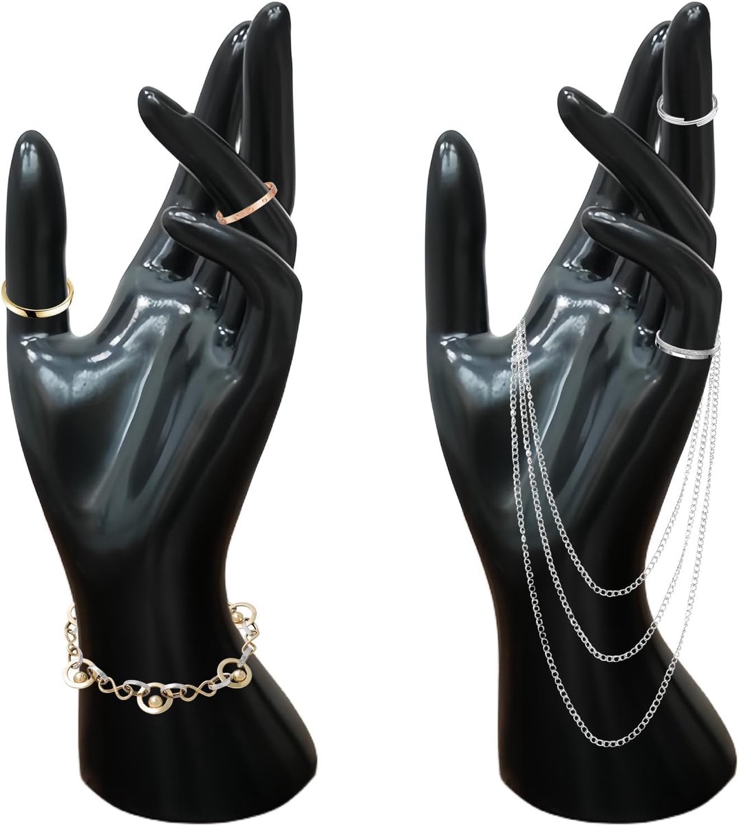 Set van 2 sieradenstandaard voor armbanden, ringen en halskettingen, vrouwelijk handmodel, zwart