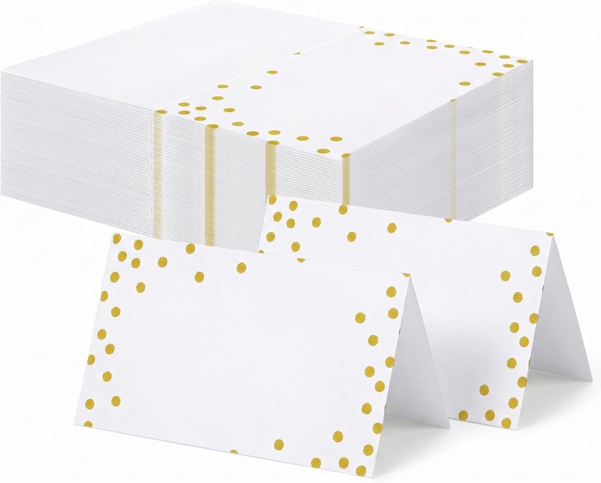 100 stuks elegante blanco tafelkaarten voor bruiloft en verjaardag, naambordjes met goudfolie en stippen, ideaal voor communie en feestelijke gelegenheden