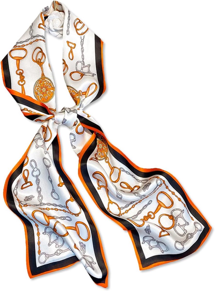 Smalle zijden sjaal dames lange dunne halsdoek geometrisch patroon retro klassieke sjaal lichte decoratieve halsdoek sjaal hoofddeksel haarband bandana's, ketting oranje, Eén maat