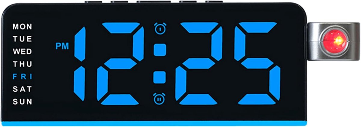 Projectiewekker met dubbele wekker en aanpasbare sluimerfunctie (1–60 min), 180° draaibare rode projector, 4-staps dimmer, nachtmodus, USB-oplaadpoort