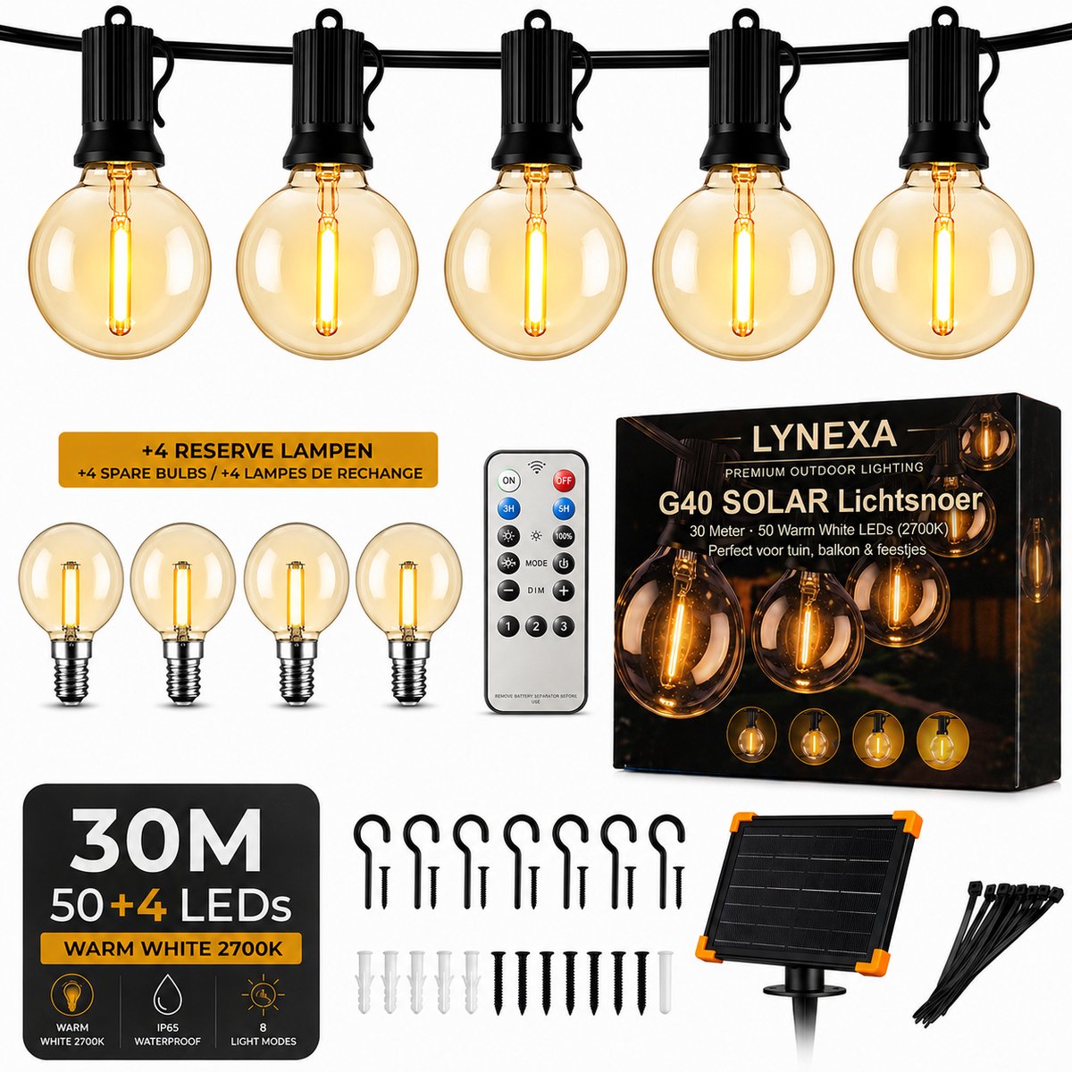 Lynexa® G40 Solar - Lichtsnoer Buiten - 30m - 50 Globe LED - Warm Wit 2700K - Solar & USBC Oplaadbaar - 6600 mAh Batterij - IP44 Waterdicht - Dimbaar met Afstandsbediening - 8 Lichtmodi - Tuinverlichting - Kerstverlichting Buiten - 4 Extra Lampjes