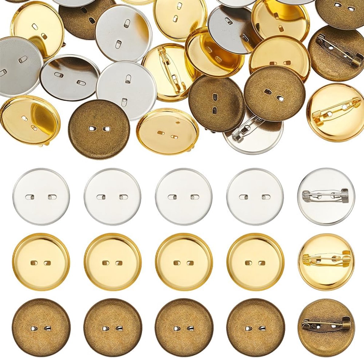 120 stuks broche naald achterkant sluiting 3 kleuren broche sluitingen naald schijf basis lege ronde trays met naalden