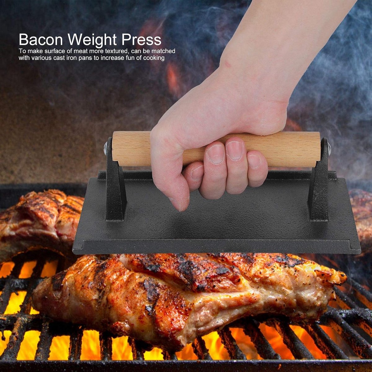 Gietijzer Grillpers - Bacon Pers Gewicht - Vlees Grillen - Houten Handvat Vetgroeven - 21 x 10.5 cm - Zwart