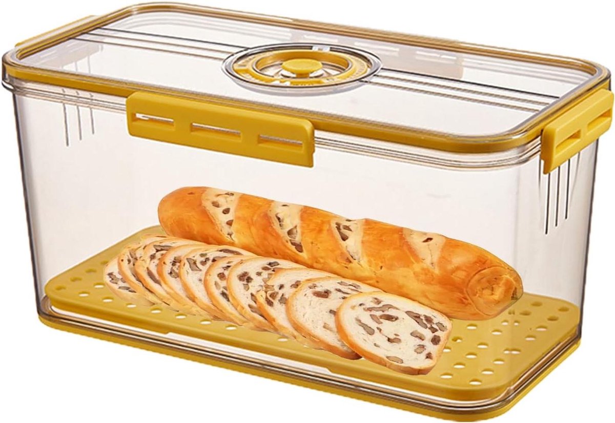 Broodtrommel Keuken - Broodopberger Bewaardoos - Brood Vers Houden - Instelbaar Luchtventiel - 33.5 x 18.5 x 12 cm - Geel