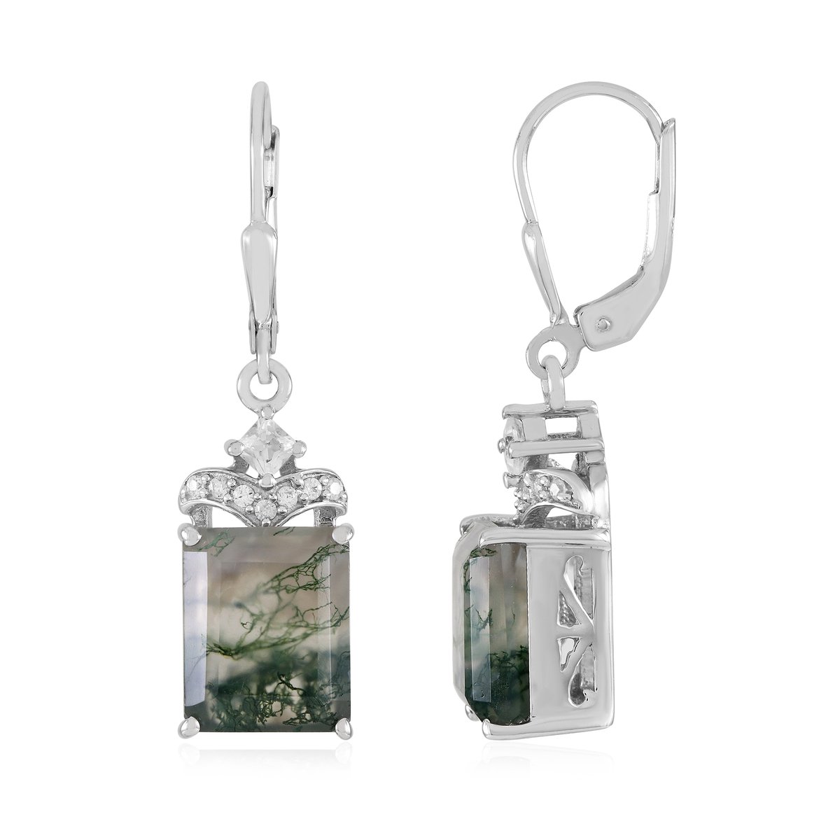 Cavill - 925 Sterling Zilver Oorbellen - Gerhodineerd - Braziliaanse Mosagaat 7,467 ct & Witte Topaas 0,244 ct - Elegante Achthoekige Oorbellen