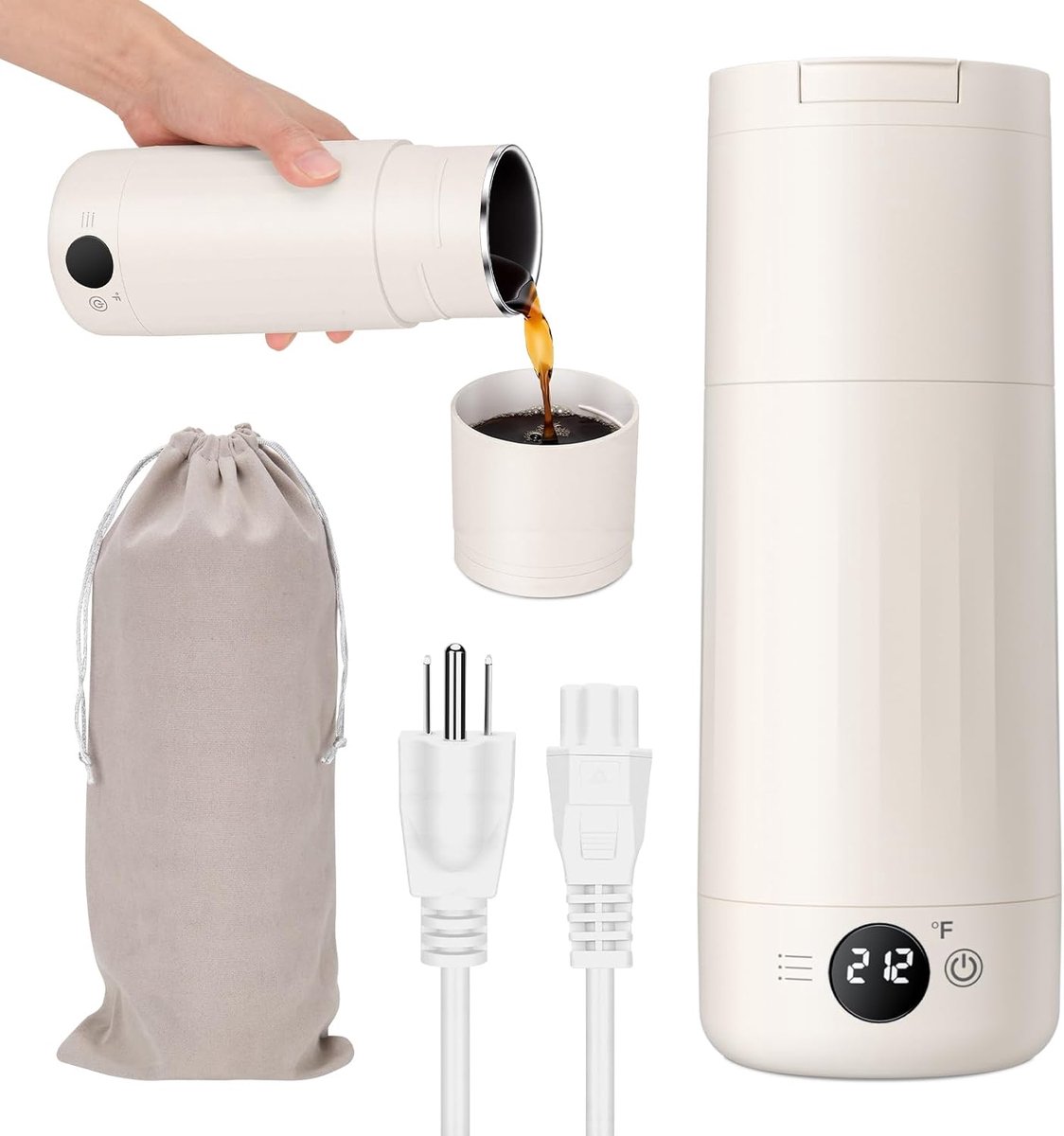 ZOSUDULL-Draagbare Waterkoker-500 ml-Reiswaterkoker met 8 standen-waterkoker met temperatuurregeling-316 RVS-LCD-display-warmhoudfunctie-2-in-1 deksel/beker en automatische uitschakeling-Gebroken wit