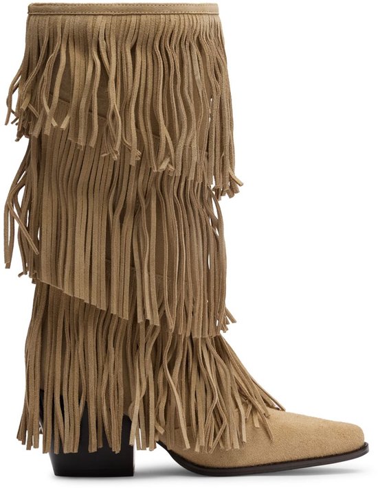 Beige suède laars met drie lagen franjes, met hak.