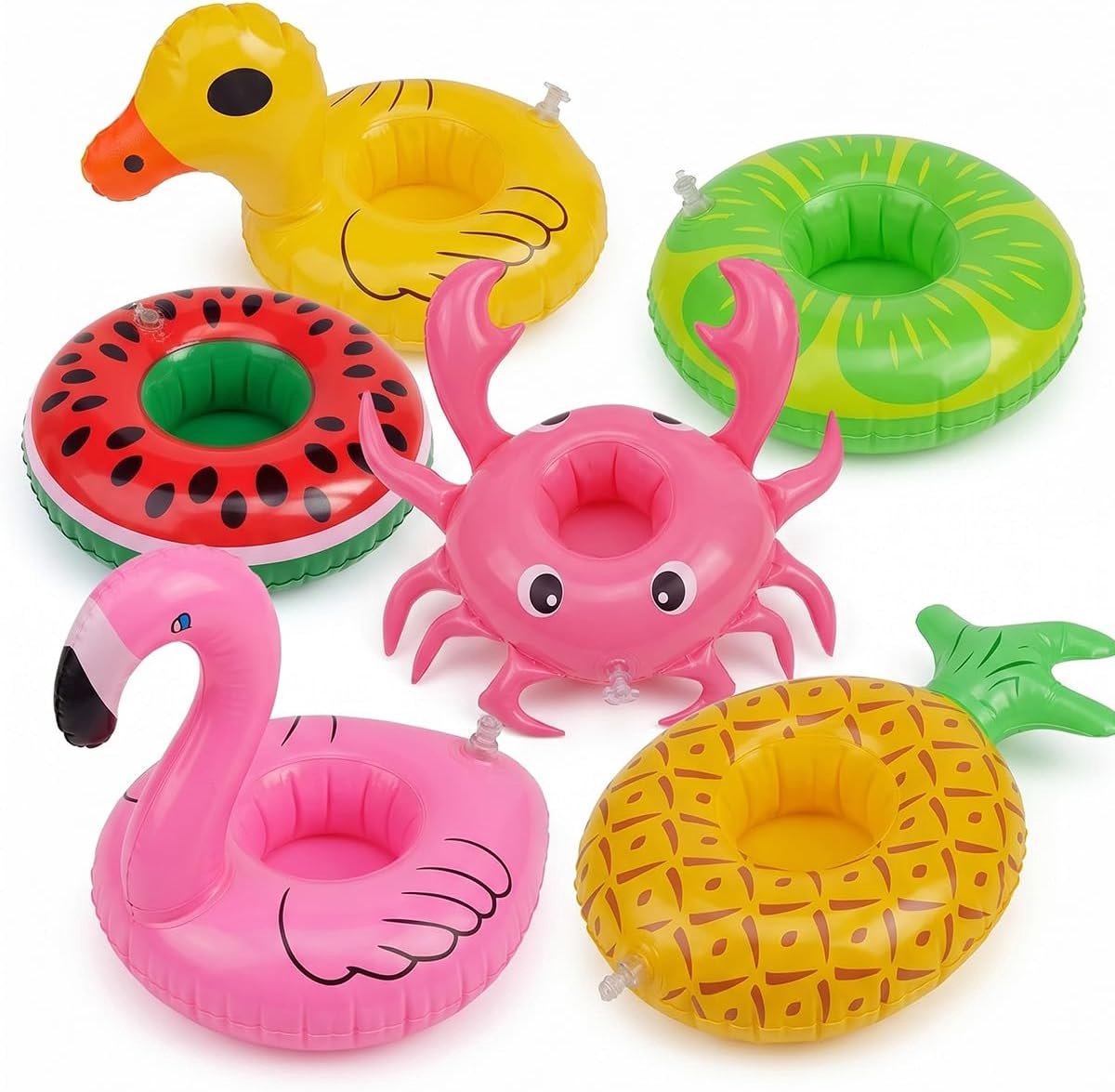 SnelShoppen - Opblaasbare Bekerhouder voor Zwembad, 6 Stuks, Originele Onderzetters met Flamingo, Eend, Krab en Fruitontwerpen, Perfect voor Feestjes,