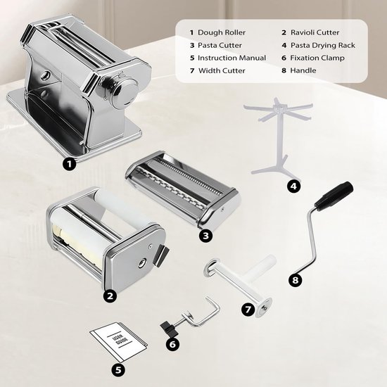 Omgoods - Pasta & Ravioli Maker Set - 150mm Stalen Noodle Maker met 9 Dikte-instellingen — afbeelding 4