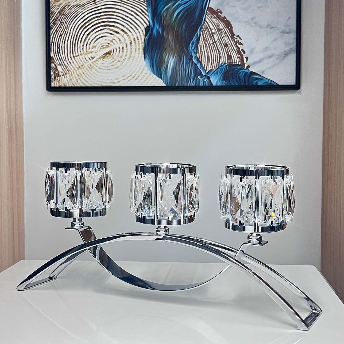 Omgoods - 3-Arms Crystal Bowl Tealight Candlestick - Decoratieve Kandelaar voor Tafel - Bruiloft Centerpieces (Zilver)