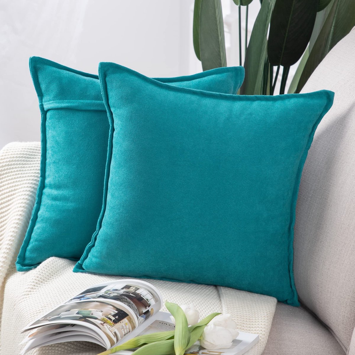 Omgoods - Set van 2 Korte Chenille Kussenhoezen 40x40 - Cyan Teal Decoratief voor Sofa