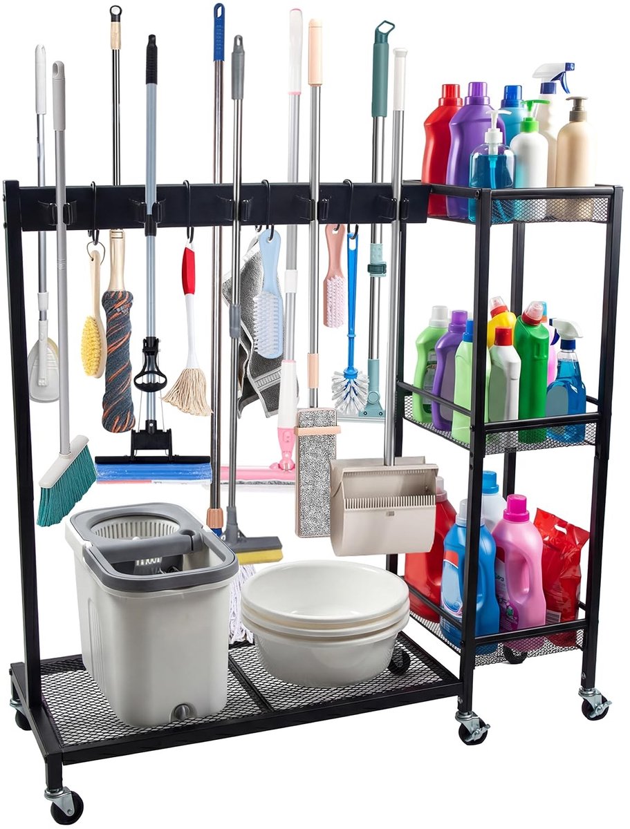 Omgoods - Broom Holder met schoonmaakorganizer - 2-in-1 mobiele schoonmaakwagen met 3 niveaus
