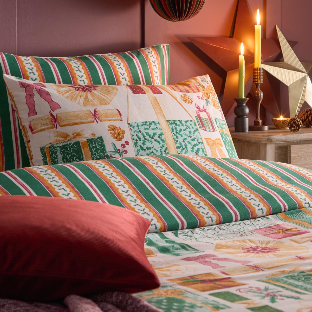 Omgoods - Omkeerbare Kerst Duvet Cover Set met Cadeaus en Strepen