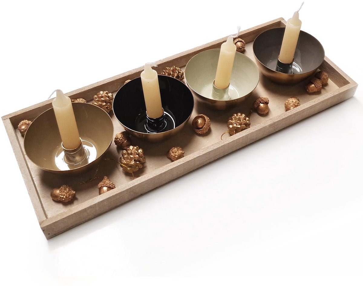 Omgoods - Houten Tray met 4 Kandelaren voor Advent Wreath Decoratie