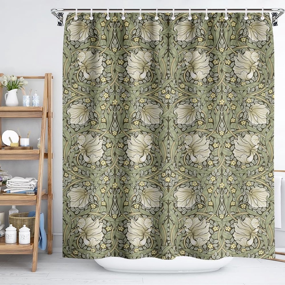 Omgoods - Botanisch Douchegordijn met Bloemenprint in Groene Tinten