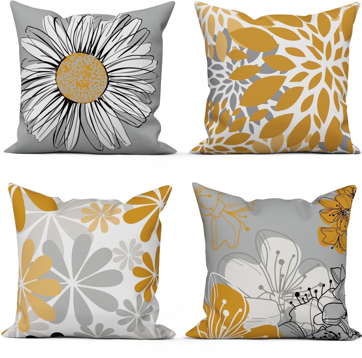 Omgoods - Set van 4 Kussenslopen 50x50cm met Modern Geel Grijs Bloemenpatroon