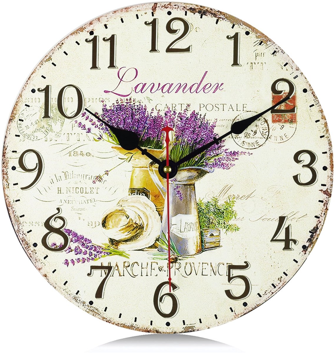 Omgoods - Vintage Houten Wandklok met Lavendel Design en Stille Quartz Beweging