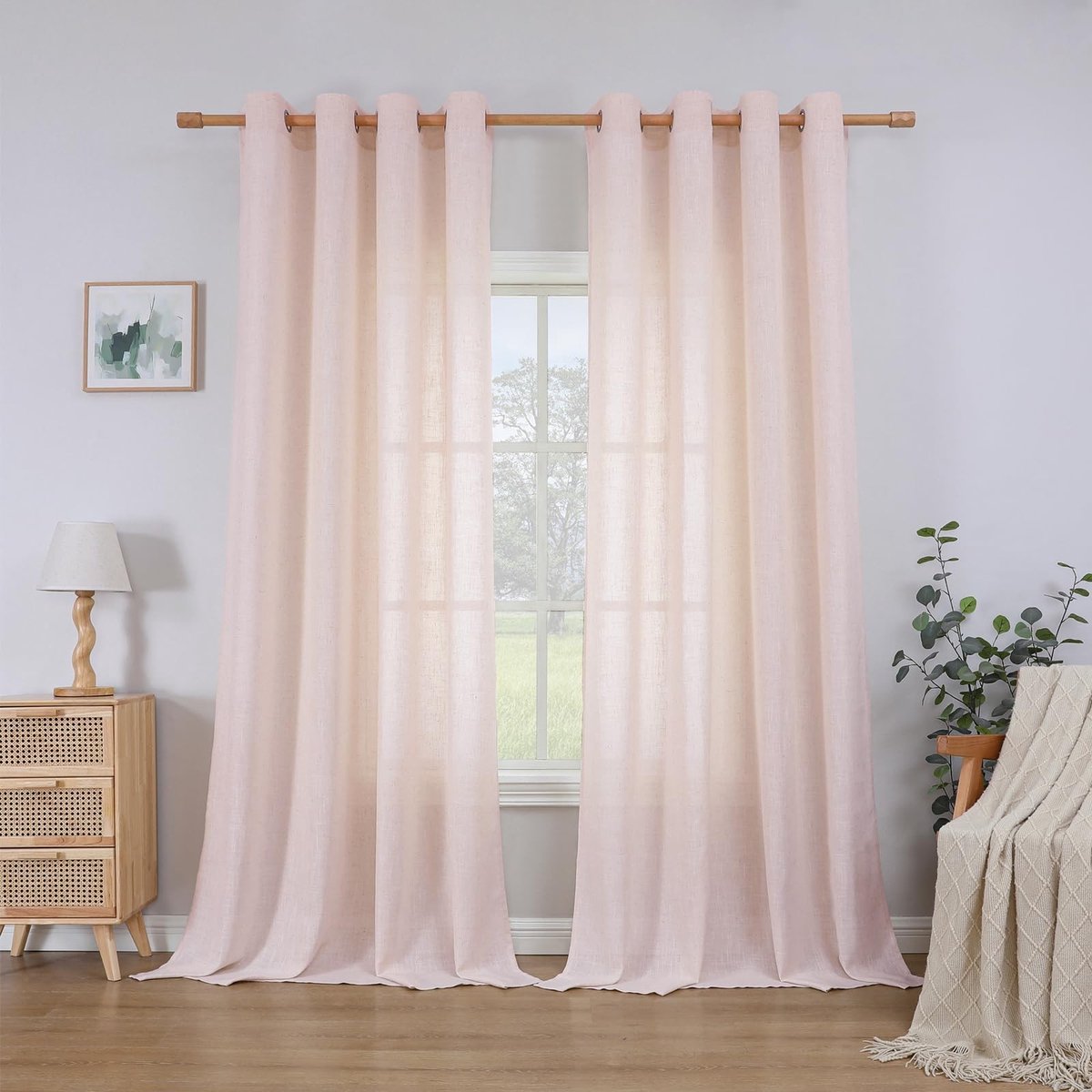 Gordijnen met oogjes half transparant linnen gordijn voile raamsjaal Dekosjaal voor slaapkamer kinderkamer woonkamer, H 260 x B 140cm, set van 2, oudroze